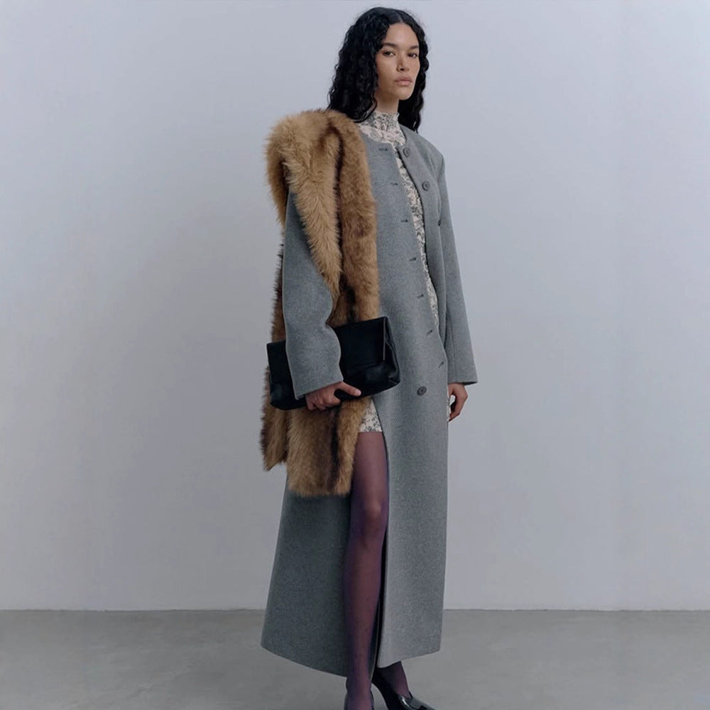 Women Long tailored wool mix coat with round neckline and asymmetric button placket Mune Fashion