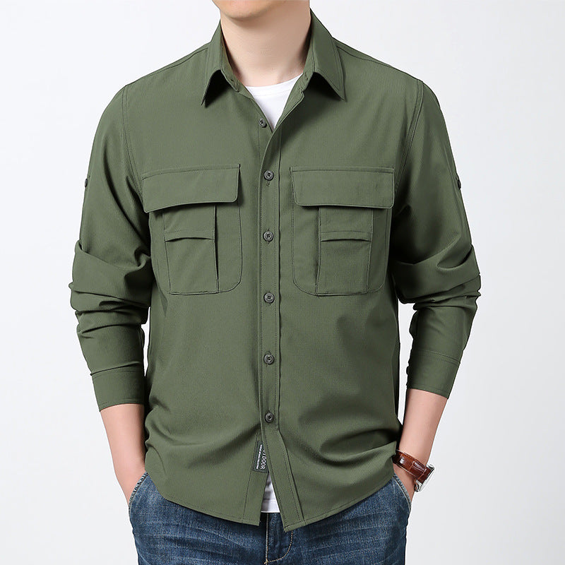 Men's functional field shirt with concealed button placket, applied multiple chest pockets and roll-up sleeves Mune Fashion