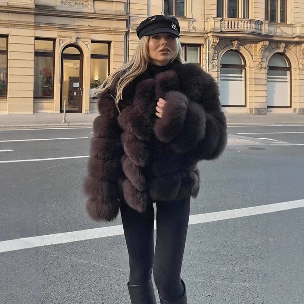 Women's Short Plush Boxy Faux Fur Blouson with Layered Volume Stripes Mune Fashion
