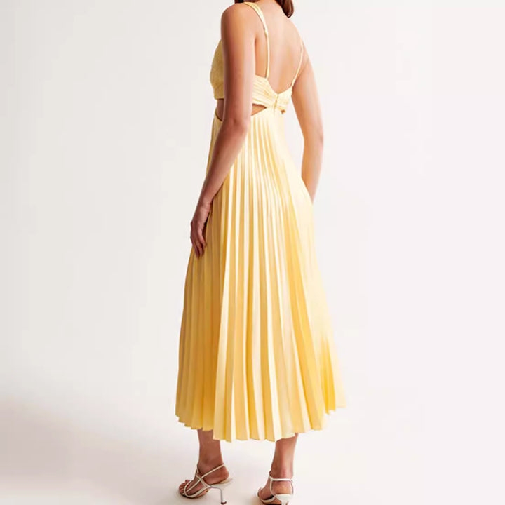 Women's pleated midi dress with twisted bustier section and side cut-outs Mune Fashion