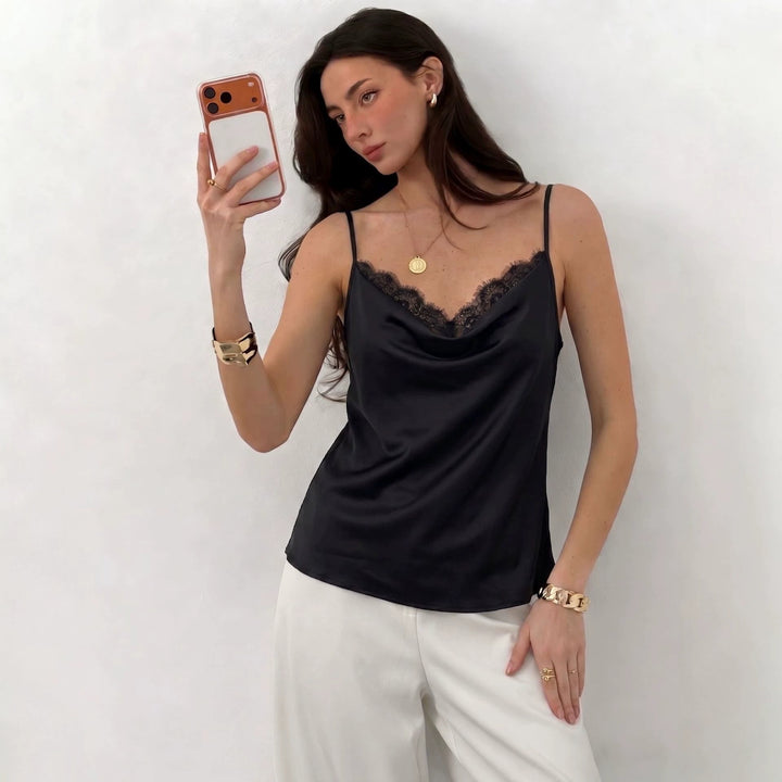 Women's lightly flowing satin spaghetti strap top with lace edge and waterfall neckline Mune Fashion