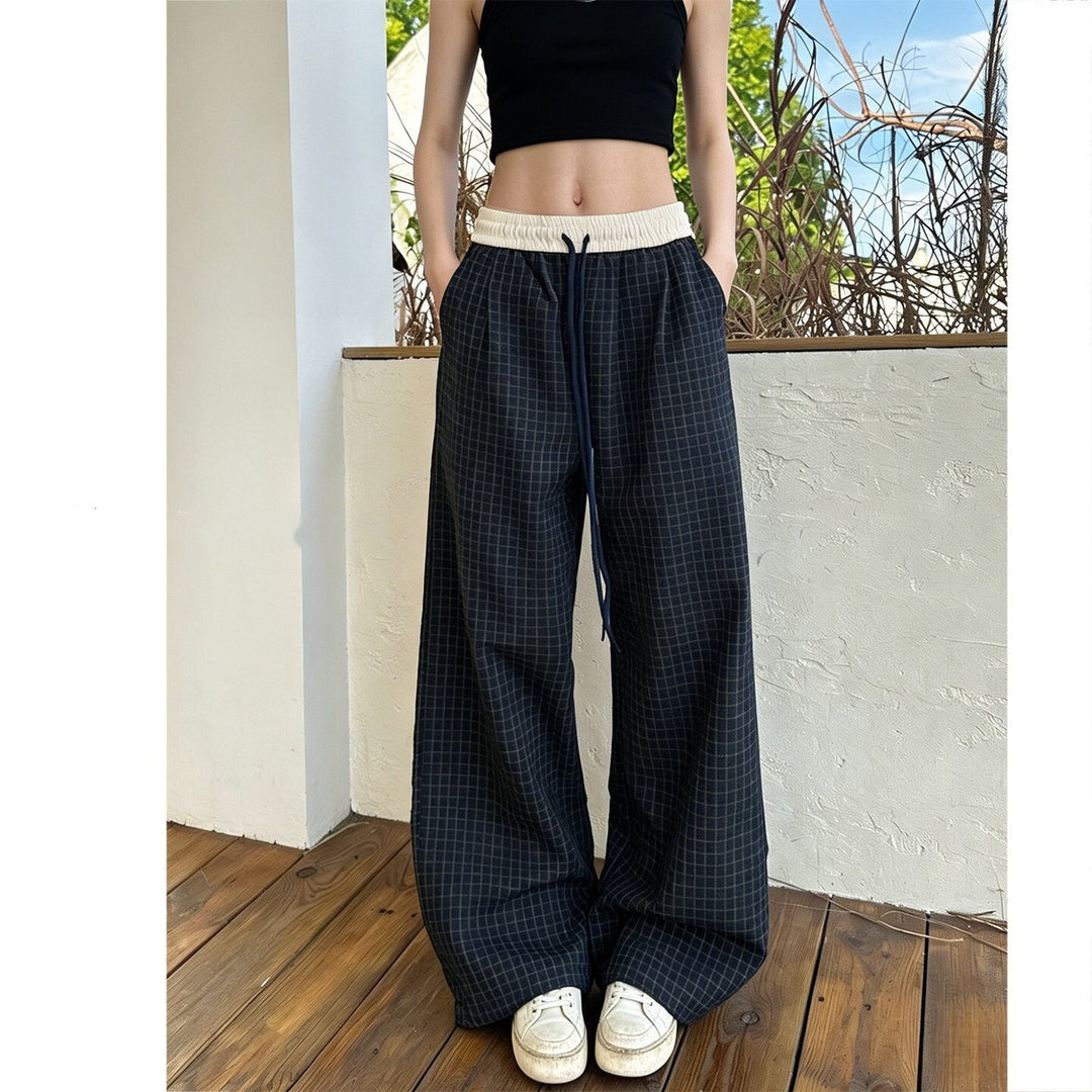 Women's Casual Checkered Pants with Elastic Waistband Mune Fashion