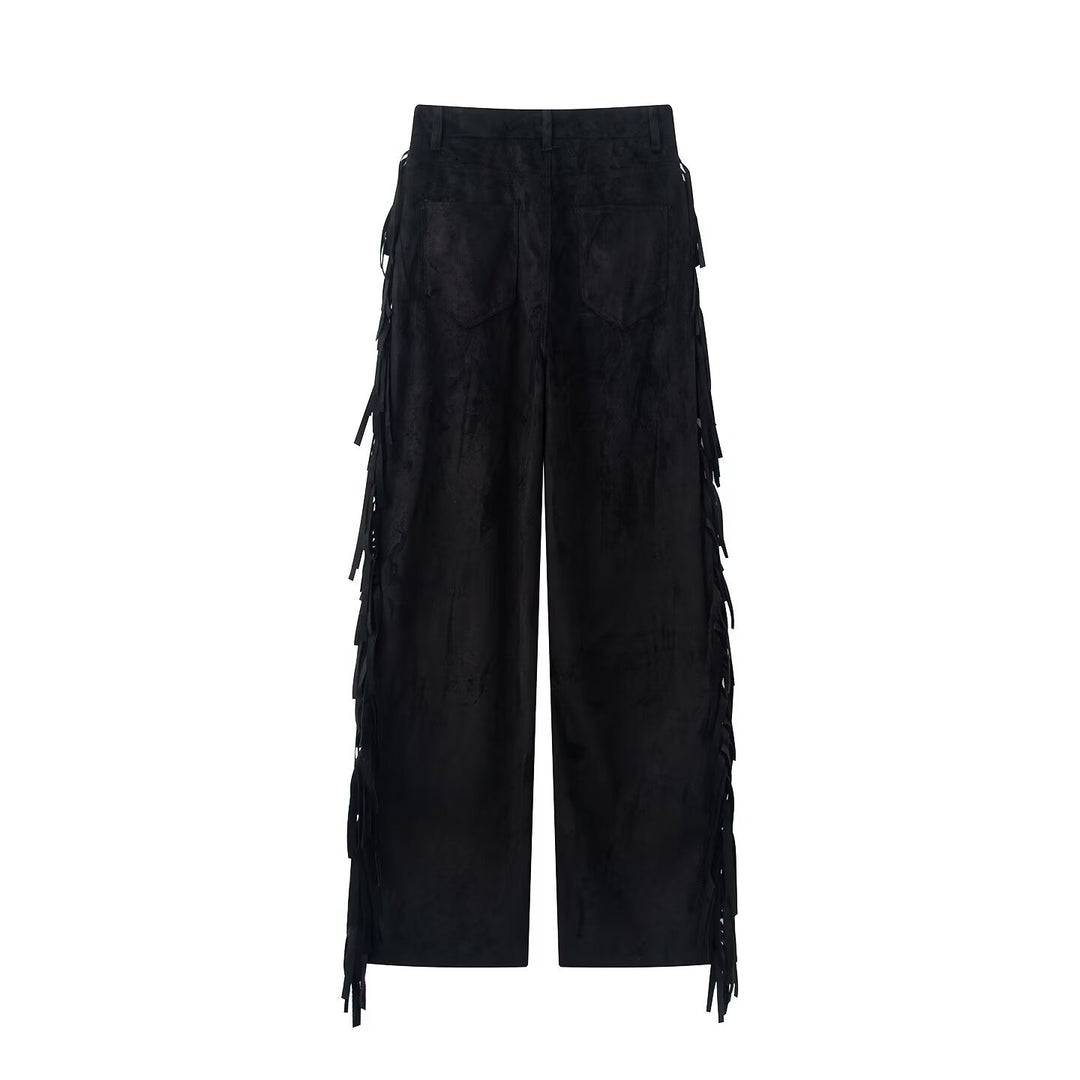 Womens Loose High-Waist Pants with Side Fringes and Button Closure Mune Fashion
