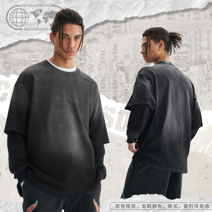 Men's Layered Long Sleeve Shirt with Double Layer Sleeves, Washed Vintage Wash and Subtle Fraying Mune Fashion
