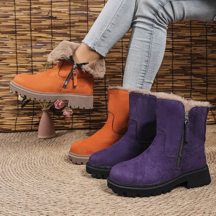 Women Fleece Lined Suede Look Ankle Boots with Teddy Lining, Side Zipper and Profiled Rubber Sole Mune Fashion