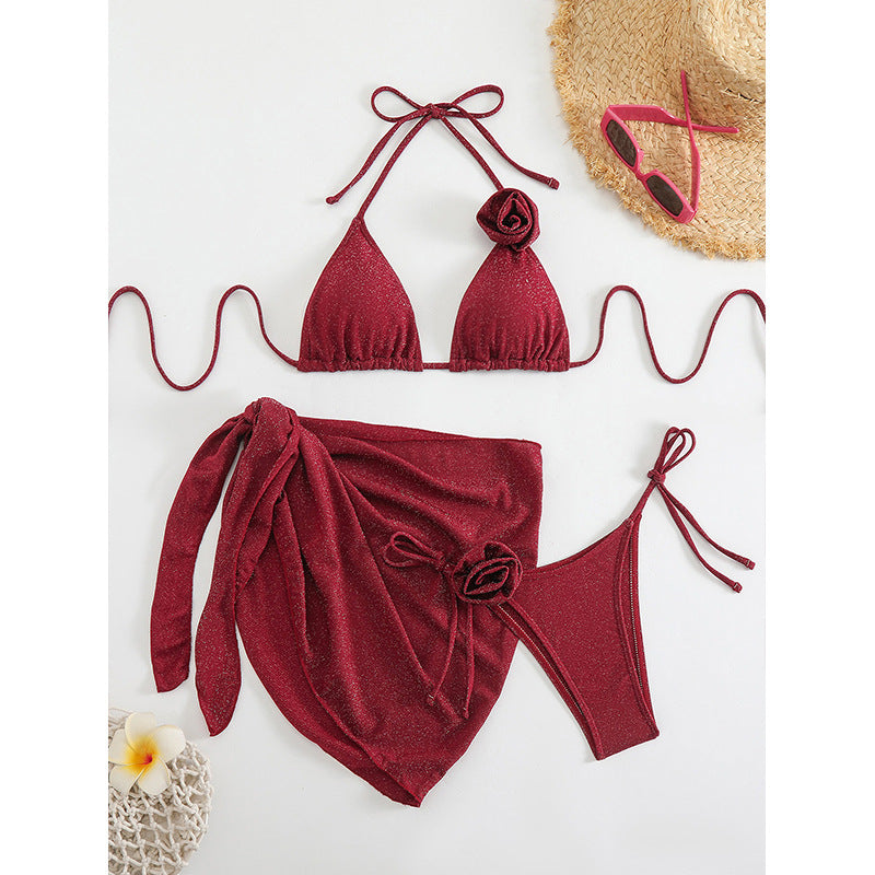 Women's Glittering Triangle Bikini with Elegant Wrap Skirt Mune Fashion