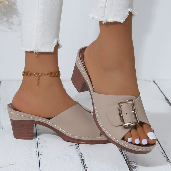 Damen Offene Slip-On Mules mit mittelhohem Blockabsatz und großer Zierschnalle Mune Fashion