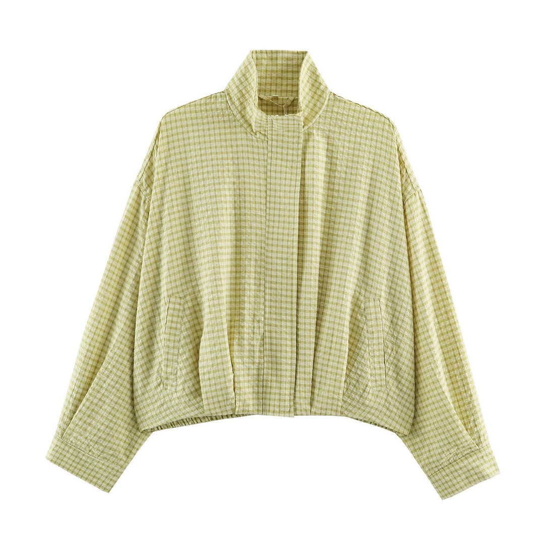 Women Check Transitional Jacket in Oversized Cropped Cut with High Stand-Up Collar Mune Fashion