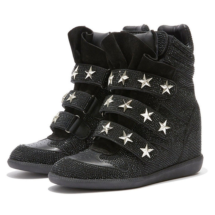 Ladies Wedge Sneakers with Hidden Heel, Rhinestone Trim and Star Studs Mune Fashion