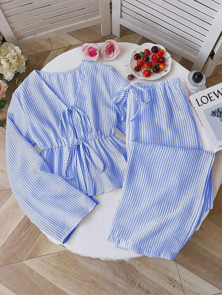 Women's non-striped linen-like homewear set with gathered drawstring top and elastic waistband pants Mune Fashion
