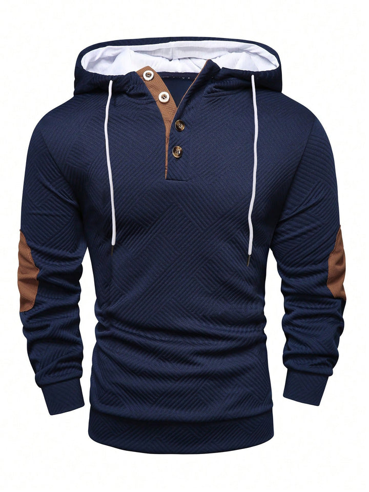 Men's structured hoodie in Henley style with contrast trim and elbow patches Mune Fashion