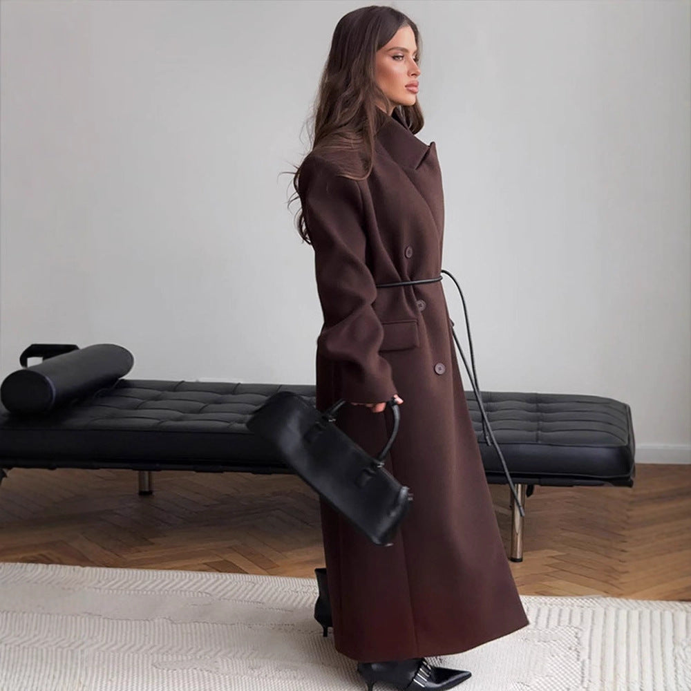 Women's Maxi-Length Wool Blend Coat with Boxy Oversized Silhouette and Distinctive Shoulders Mune Fashion