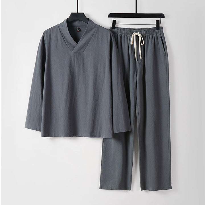 Unisex Zen-inspired Lightweight Loungewear Set with V-Neck Shirt and Elastic Drawstring Pants Mune Fashion