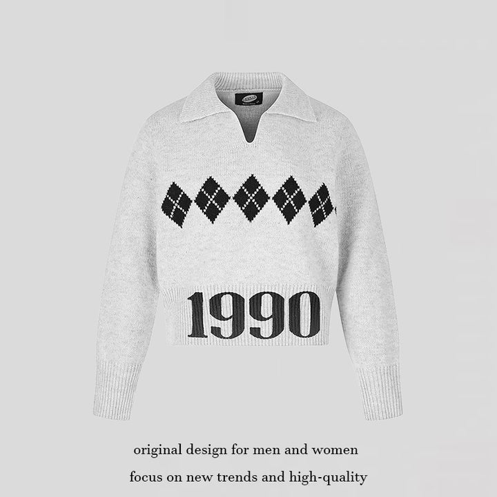Women’s Cropped Knit Sweater with Polo Collar, Ribbed Hem and Argyle Pattern Mune Fashion