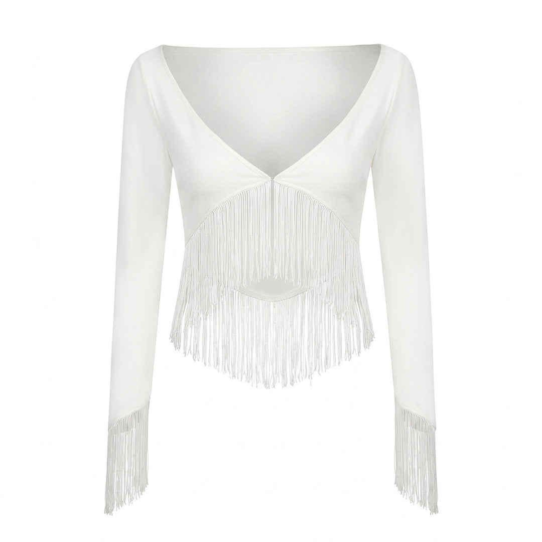 Women Cropped V-Neck Top with Long Sleeves and Decorative Fringe Trim Mune Fashion