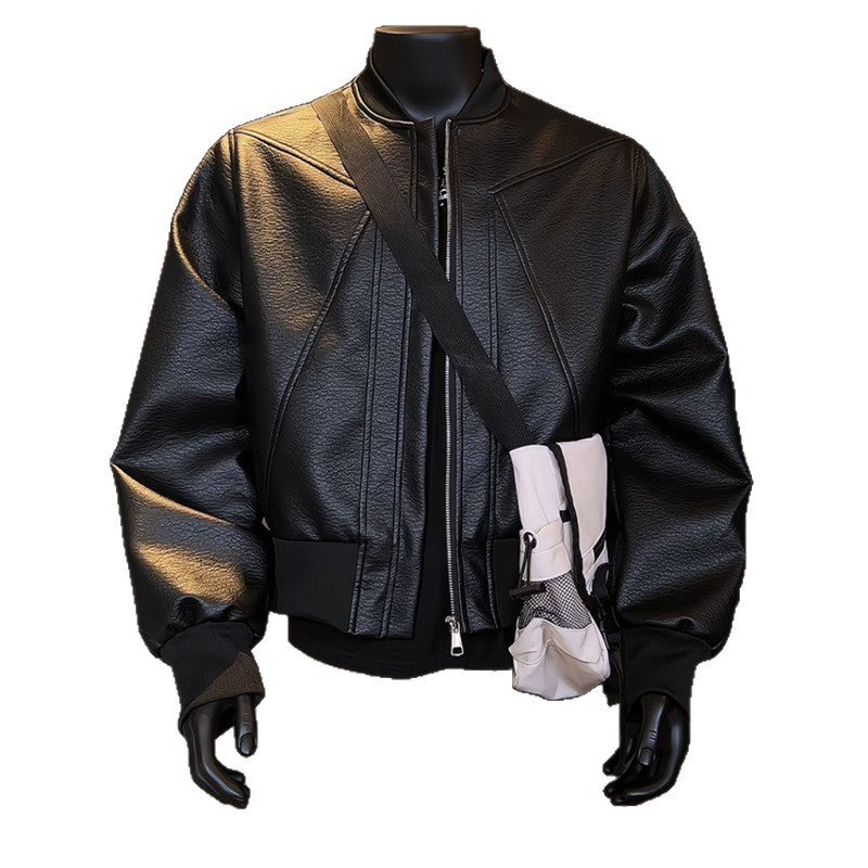 Men's tailored bomber jacket made of structured artificial leather look with stand-up collar and zipper Mune Fashion