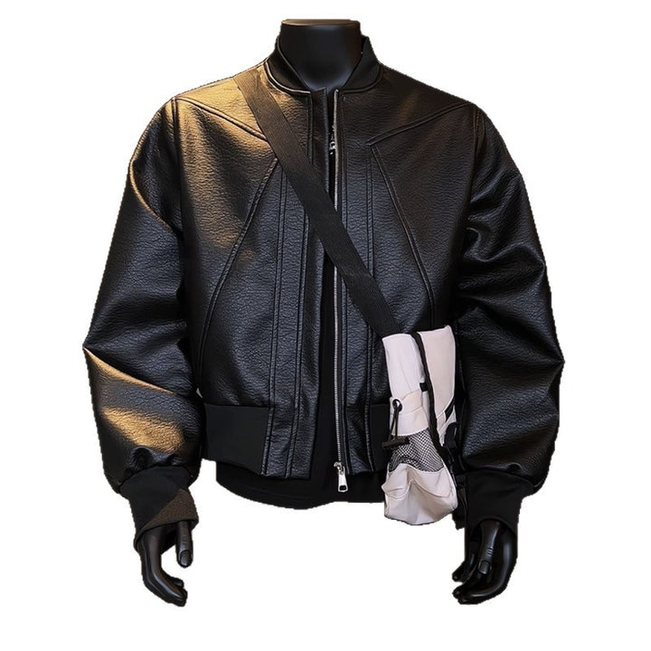 Men's tailored bomber jacket made of structured artificial leather look with stand-up collar and zipper Mune Fashion