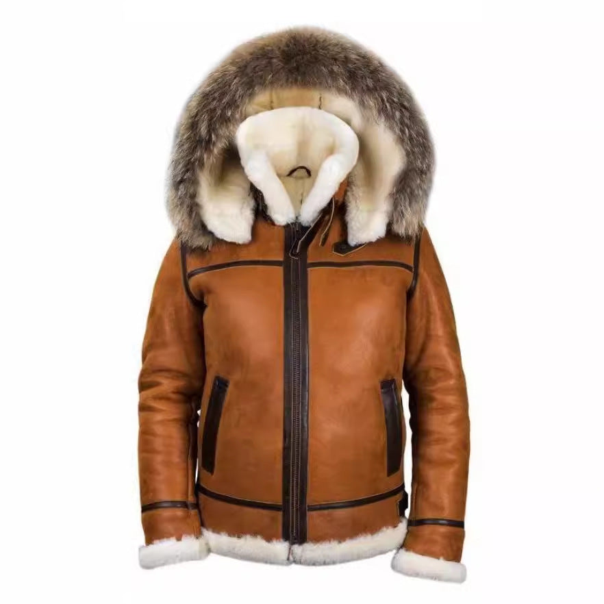 Men's shearling bomber jacket in aviator style with hood and contrasting leather trim Mune Fashion