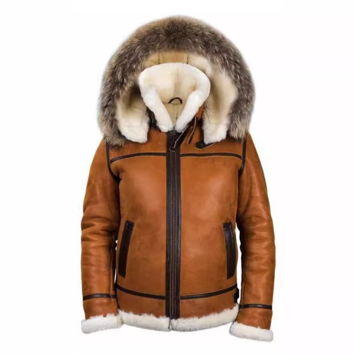 Men's shearling bomber jacket in aviator style with hood and contrasting leather trim Mune Fashion