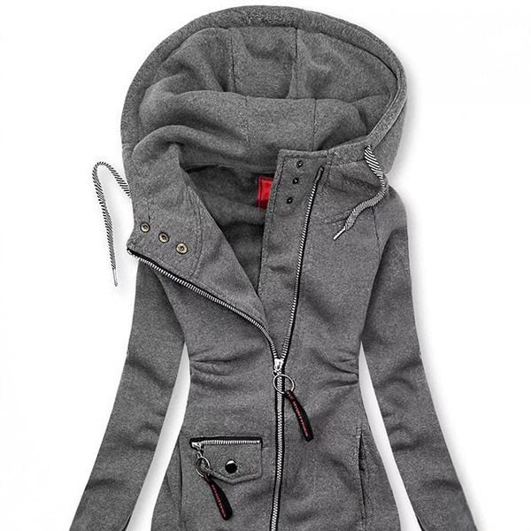 Women's Long Hooded Jacket with Asymmetrical Zipper and Zip Pocket Mune Fashion