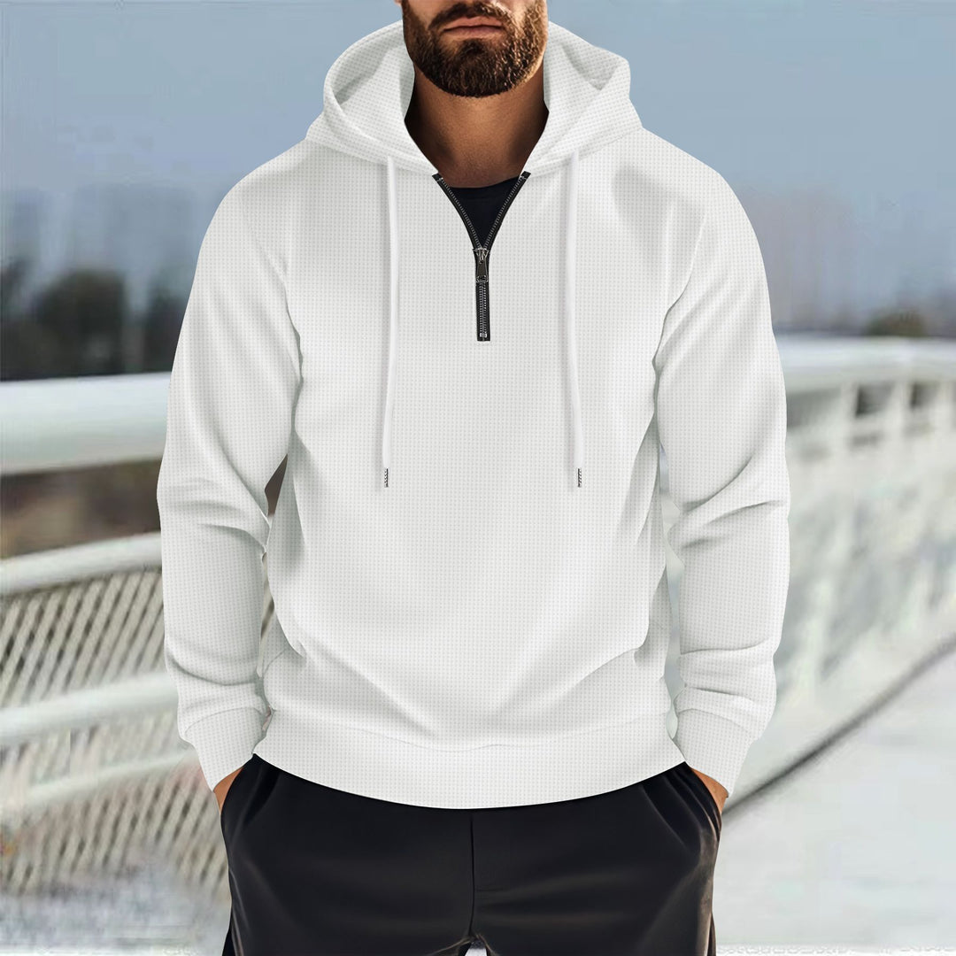 Men's Hooded Sweatshirt with Half Zipper and Fine Waffle Structure Mune Fashion