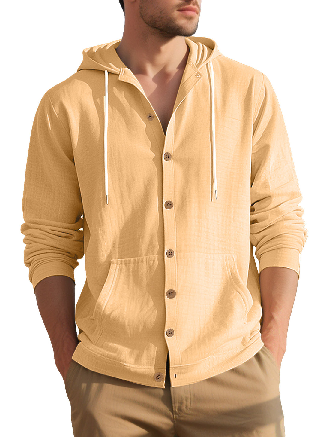 Men's lightweight hooded overshirt in crinkle look with wooden button placket and kangaroo pocket Mune Fashion