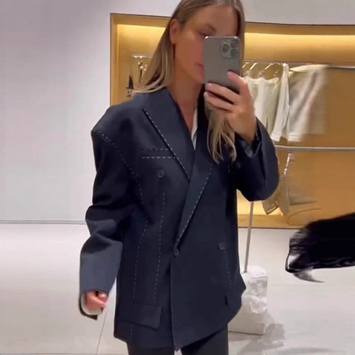 Women Oversized Two-Piece Boxy Blazer and Wide Pleated Trousers with Decorative Stitching Mune Fashion