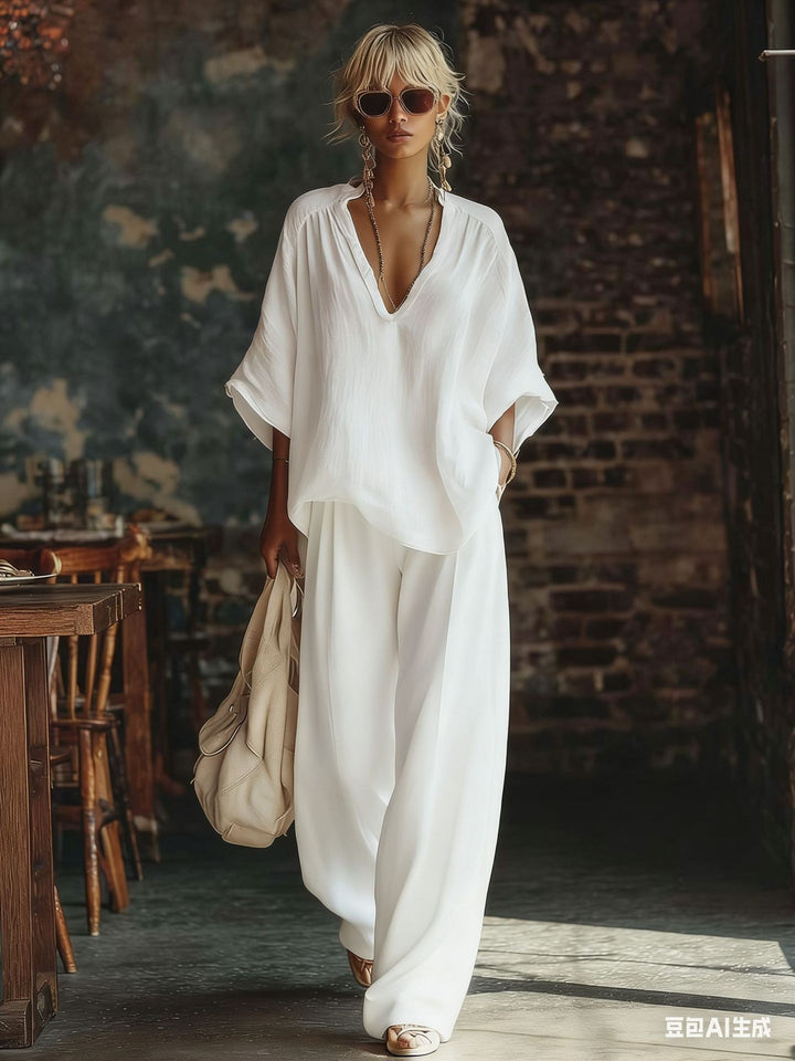 Women's casual two-piece linen-look set with deep V-neck, oversized blouse and wide palazzo pants Mune Fashion