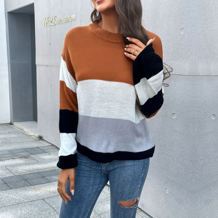 Women's Oversize Block Stripe Knit Sweater with Wide Trumpet Sleeves Mune Fashion