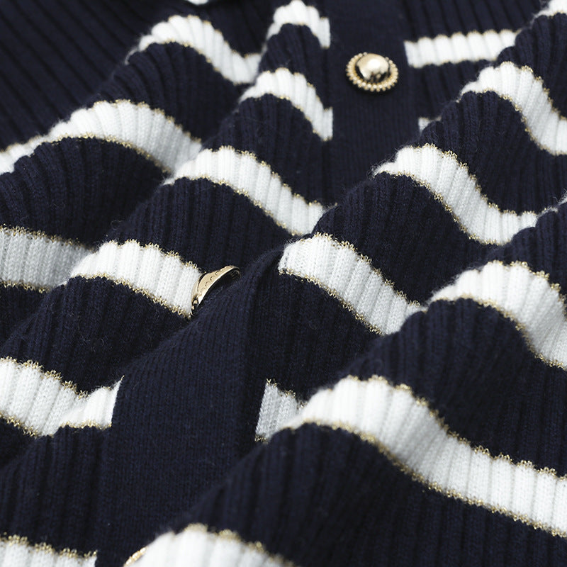 Women’s marine-inspired ribbed knit cardigan with polo collar and decorative button placket Mune Fashion