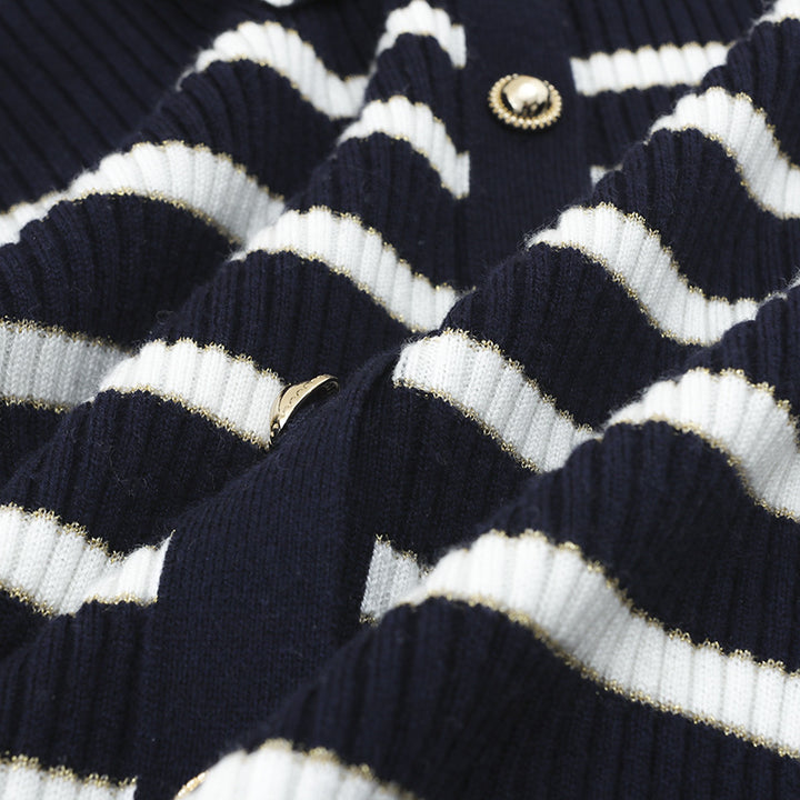 Women’s marine-inspired ribbed knit cardigan with polo collar and decorative button placket Mune Fashion