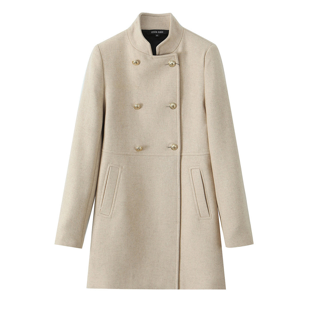 Women Double-breasted Wool Coat with Stand-up Collar and Decorative Buttons Mune Fashion