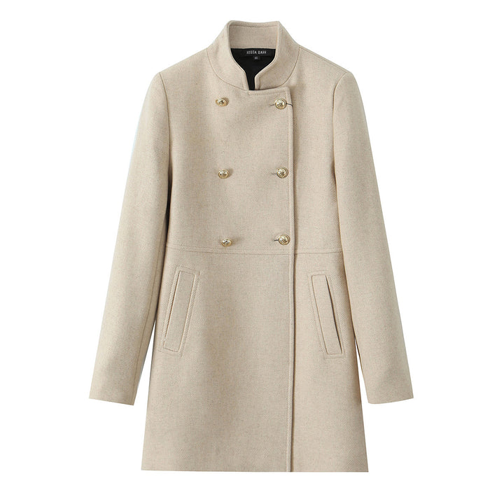 Women Double-breasted Wool Coat with Stand-up Collar and Decorative Buttons Mune Fashion