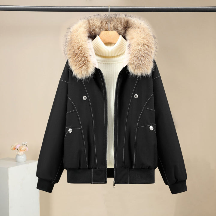Women's short-cut thermo bomber jacket with removable faux fur collar, high stand-up collar, and ribbed cuffs Mune Fashion