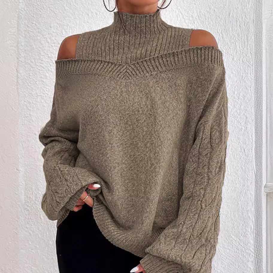 Women's off-the-shoulder knitted pullover with stand-up collar and cable-knit sleeves Mune Fashion