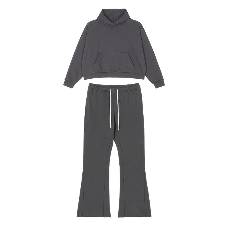 Women's Cropped Hoodie and Flared Sweatpants Lounge Set made of French Terry Mune Fashion