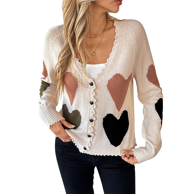 Women Knitted V-Neck Cardigan with Heart Intarsia and Wavy Edge Mune Fashion