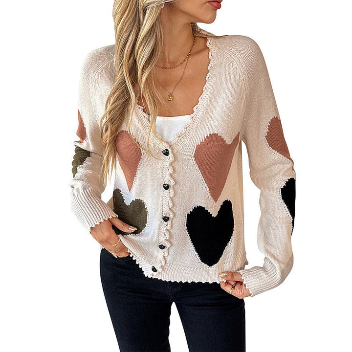 Women Knitted V-Neck Cardigan with Heart Intarsia and Wavy Edge Mune Fashion