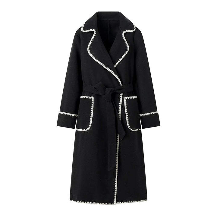 Women’s wrap coat made of wool blend with scalloped trim and tie belt Mune Fashion