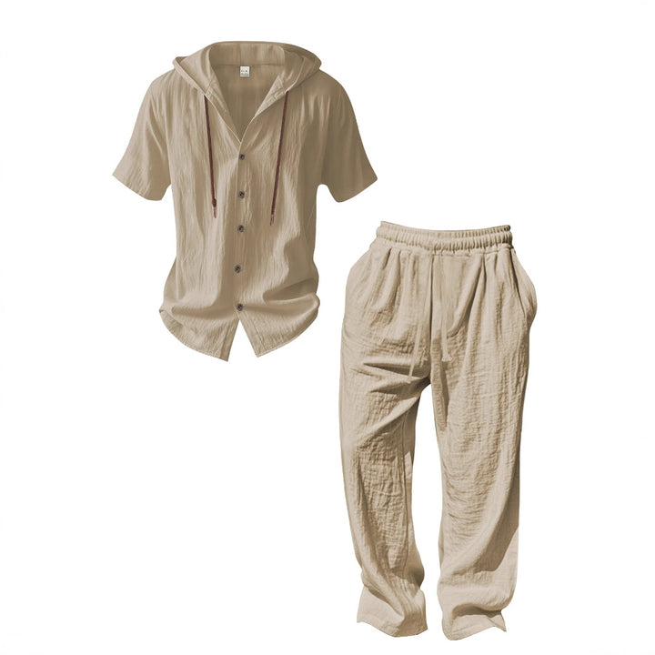 Men's airy linen lounge set with short-sleeved hoodie and straight relaxed pants Mune Fashion