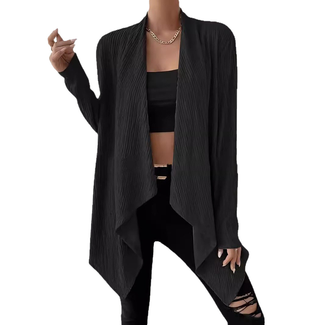 Women's Open Crinkle Cardigan with Waterfall Hem and Longline Silhouette Mune Fashion