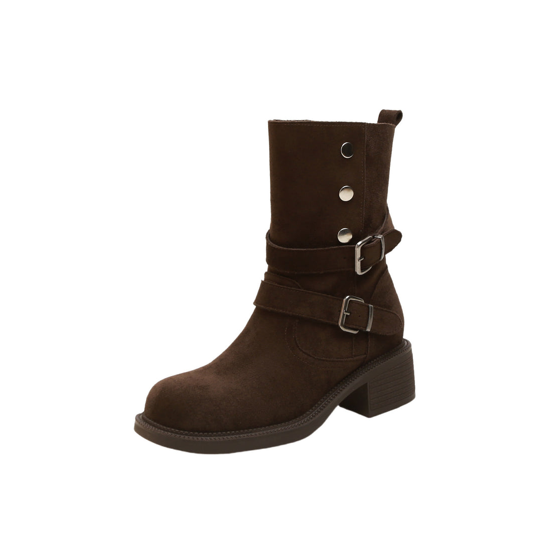 Women's Short Shaft Biker Boot made of Suede with Adjustable Buckles and Distinctive Block Heel Mune Fashion