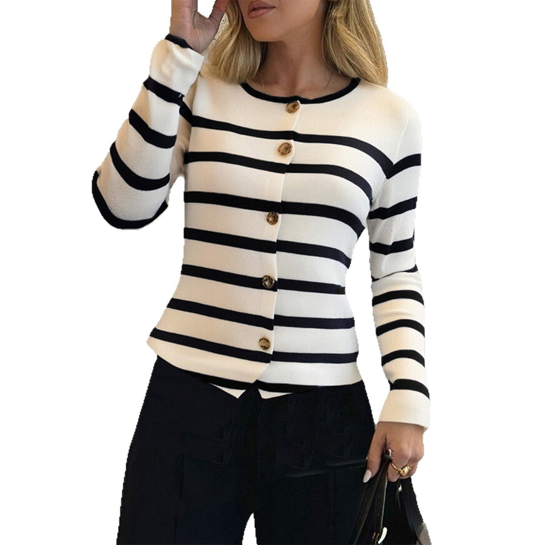 Women's striped fine knit cardigan with round neck, fitted silhouette, and decorative buttons Mune Fashion