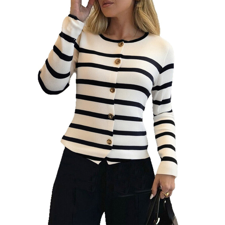 Women's striped fine knit cardigan with round neck, fitted silhouette, and decorative buttons Mune Fashion