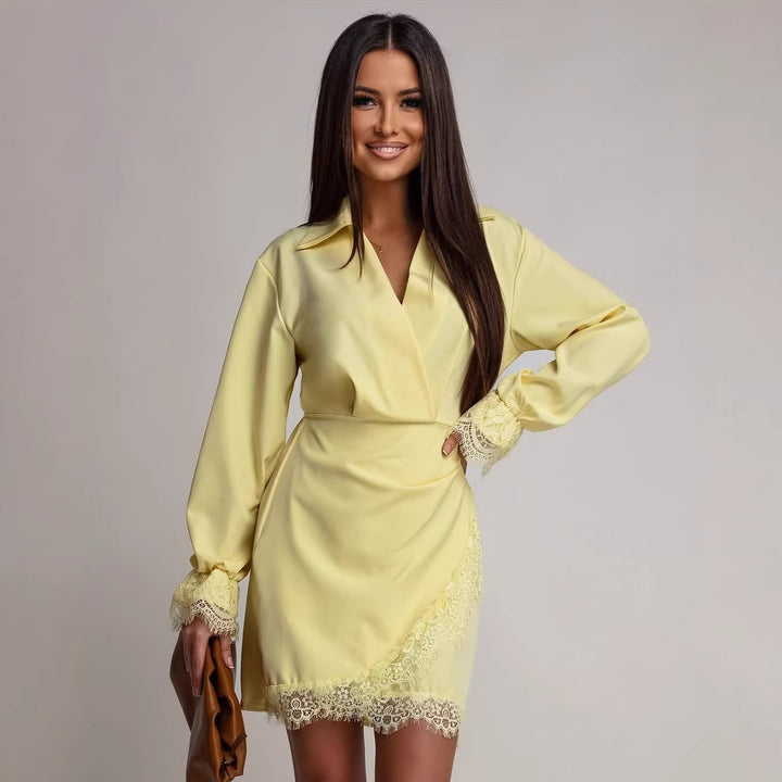 Women's Figure-Hugging Wrap Mini Dress with Lace Trim and Shirt Collar Mune Fashion