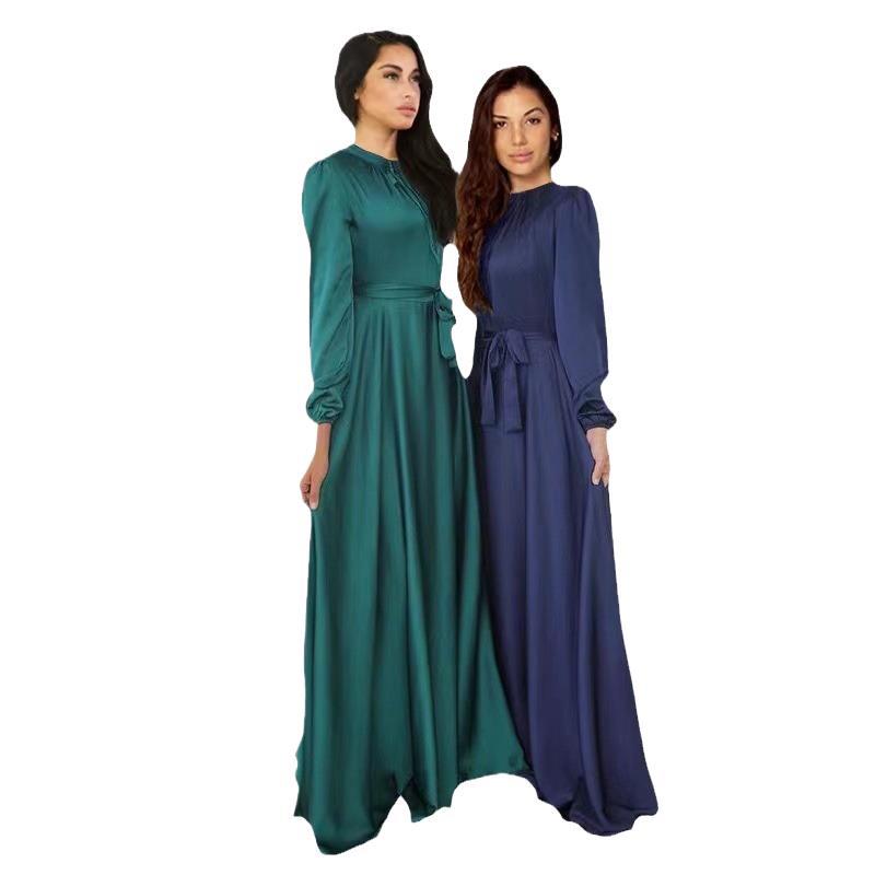 Women's maxi dress made of flowing satin with stand-up collar and tie belt Mune Fashion