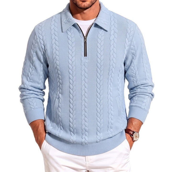 Men's finely structured knitted pullover with half-zip collar and cable pattern Mune Fashion