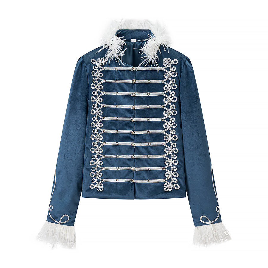 Women's Velvet Military Jacket with Decorative Straps and Feather Trim Mune Fashion