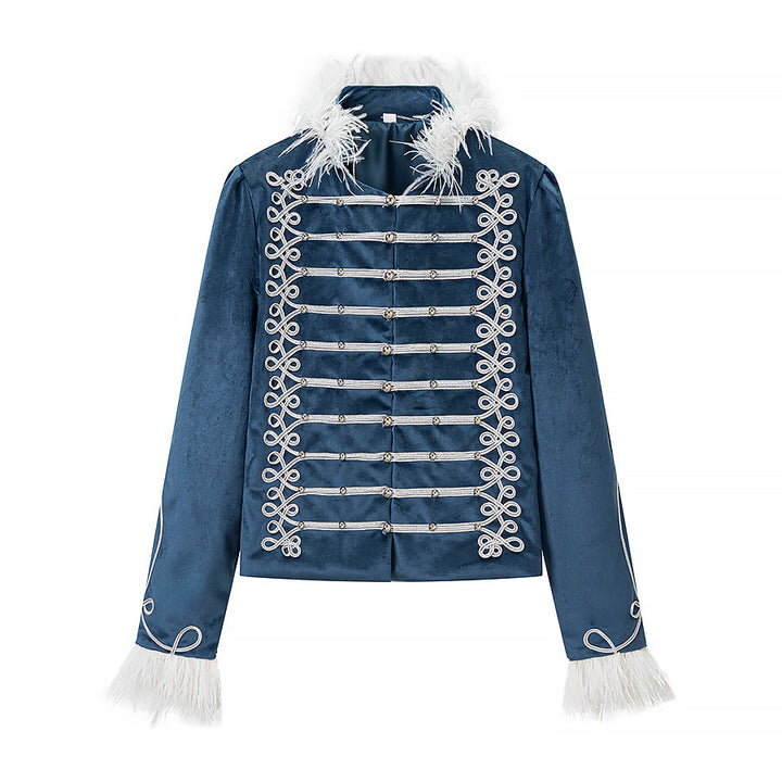 Women's Velvet Military Jacket with Decorative Straps and Feather Trim Mune Fashion