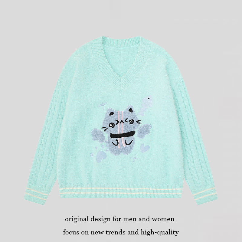 Women's V-neck knitted sweater with cable sleeves and chenille cat motif Mune Fashion